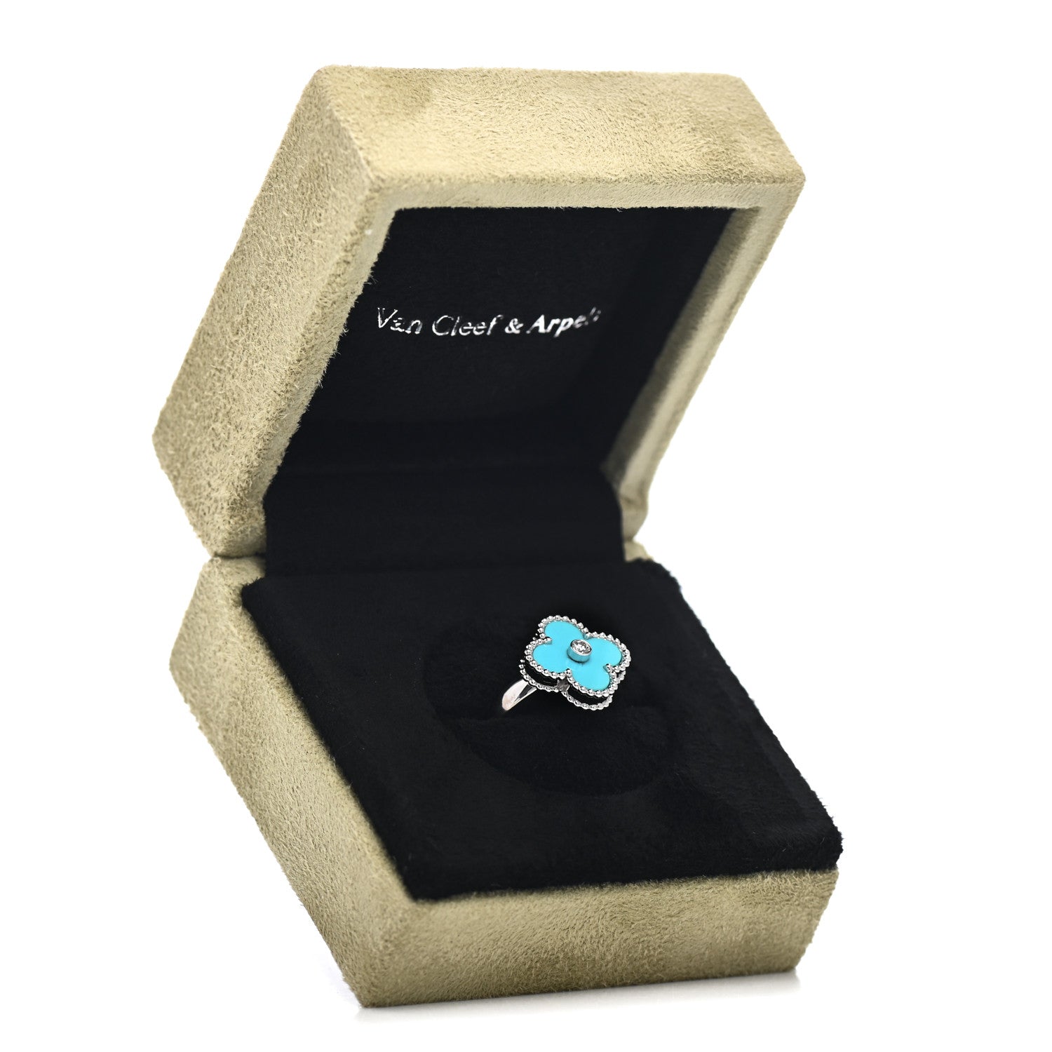 Van Cleef & Arpels 18K White Gold Diamond Turquoise Vintage Alhambra Ring 51 5.75 5 of 5