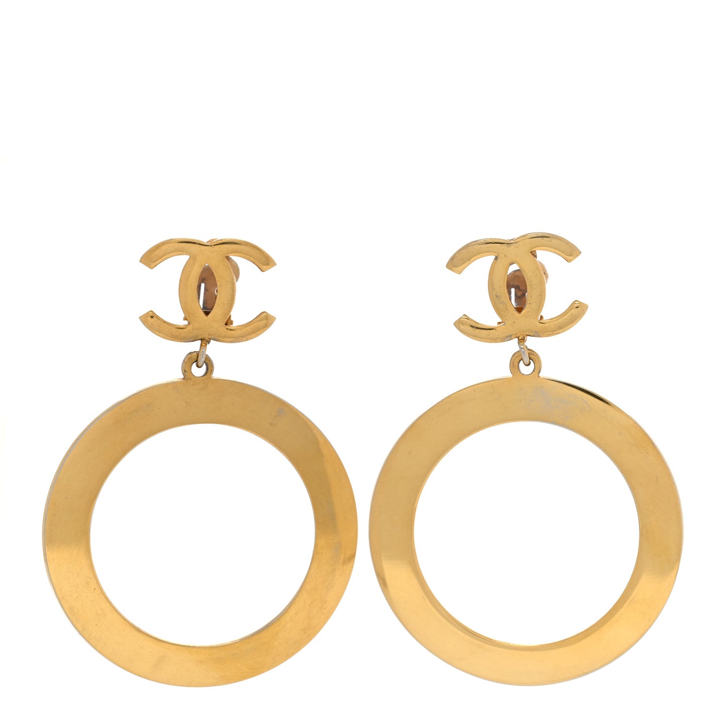 Metal CC Circle Drop Clip On Earrings Gold