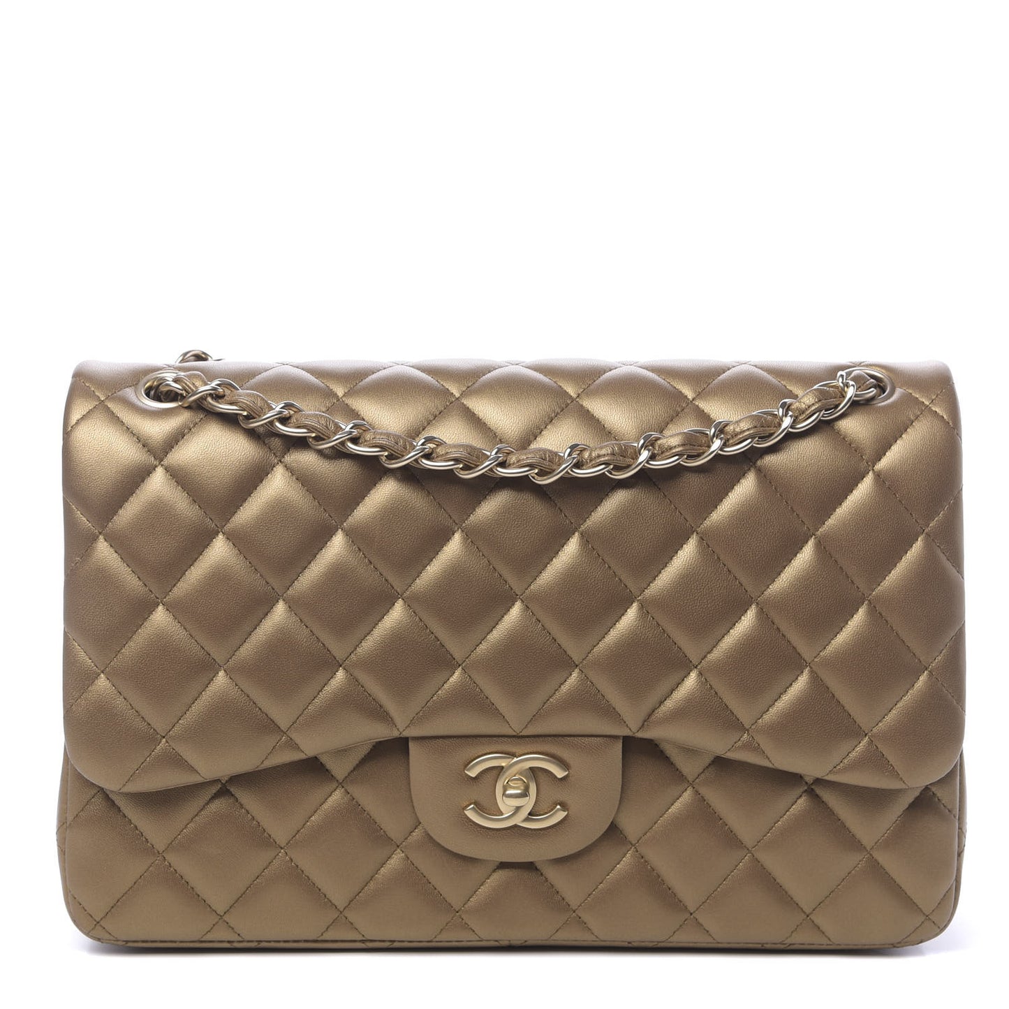 Metallic Lambskin Quilted Jumbo Double Flap Gold