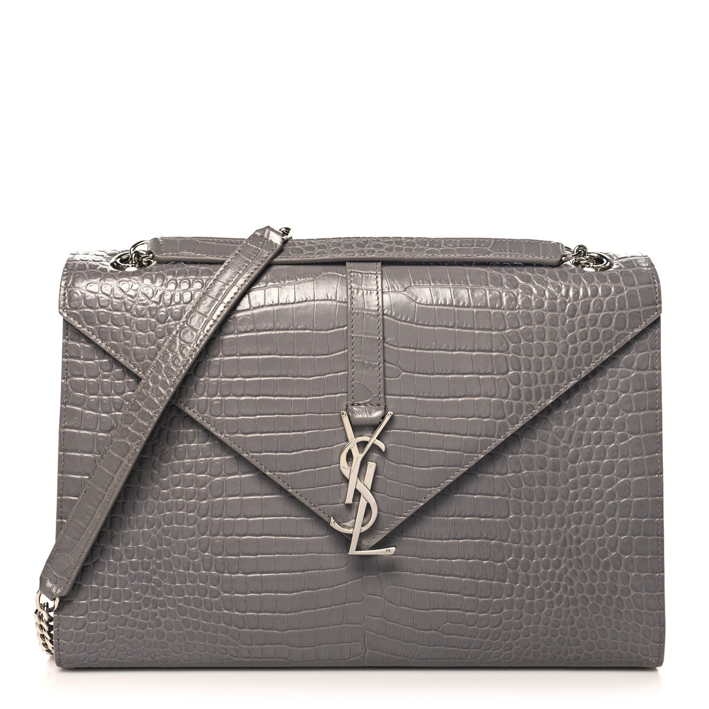 Calfskin Crocodile Embossed Large Monogram Satchel Fog