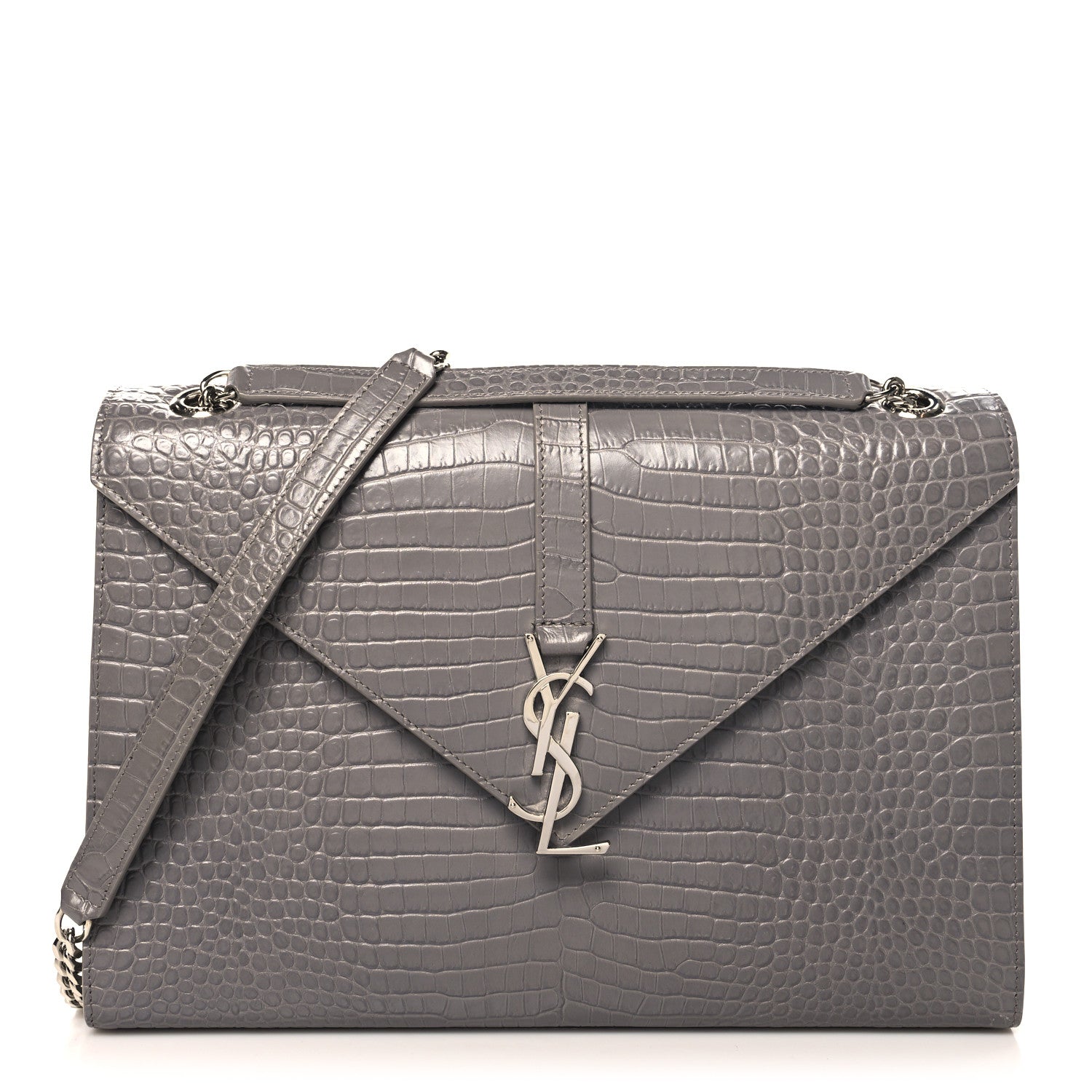 Saint Laurent Calfskin Crocodile Embossed Large Monogram Satchel Fog 1 of 9