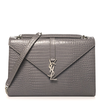 Saint Laurent Calfskin Crocodile Embossed Large Monogram Satchel Fog 1 of 9