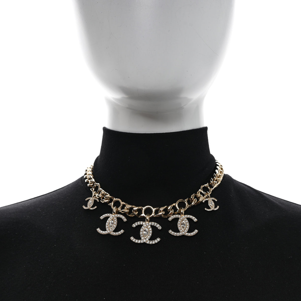 Chanel Pearl Crystal CC Choker Charms Necklace Gold White 2 of 5