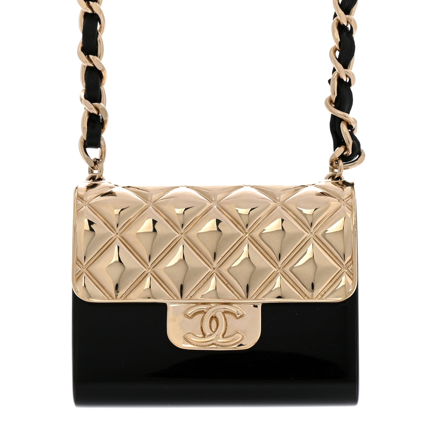 Metal Resin Lambskin Flap Bag Long Necklace Gold Black