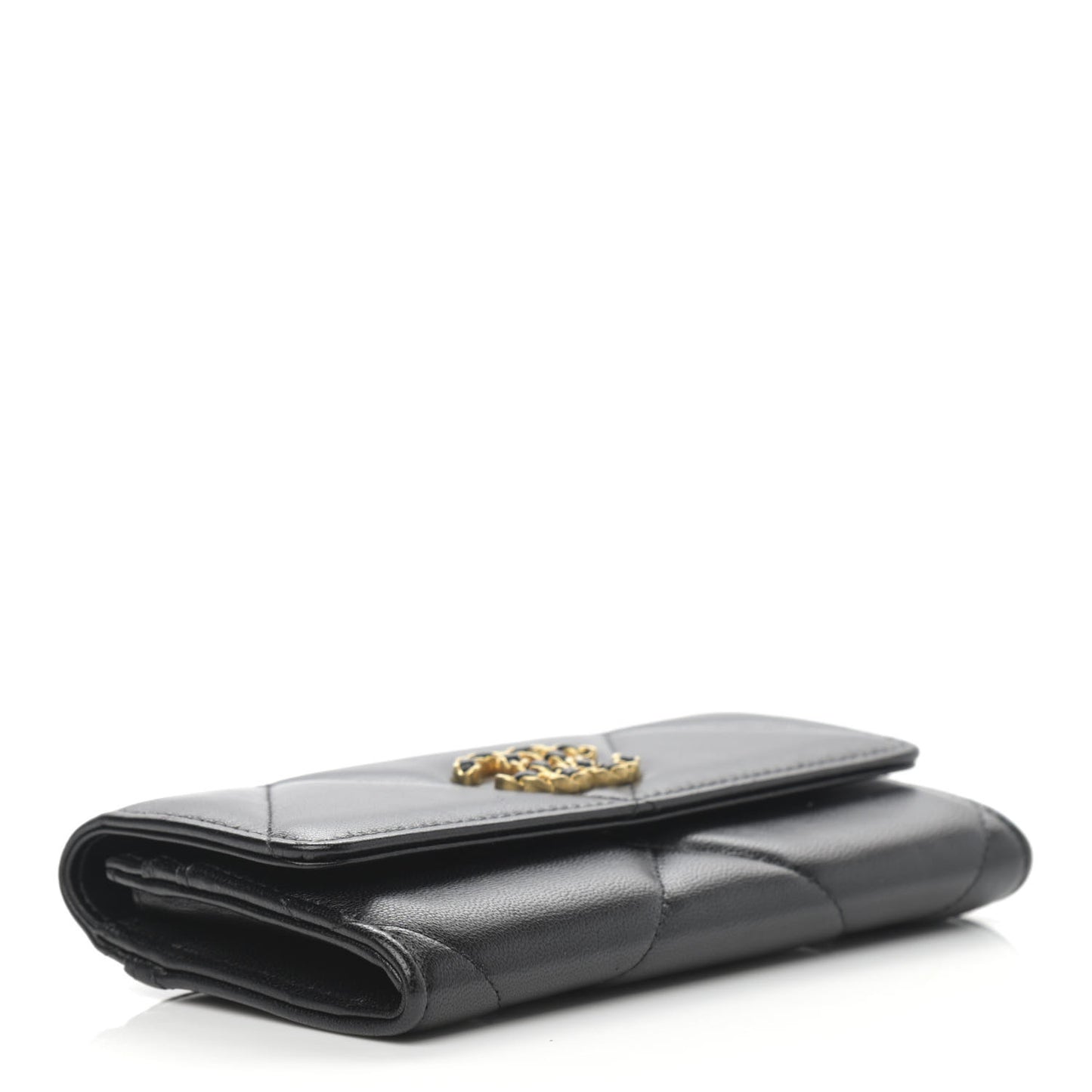 Shiny Goatskin Quilted Chanel 19 Flap Wallet Black