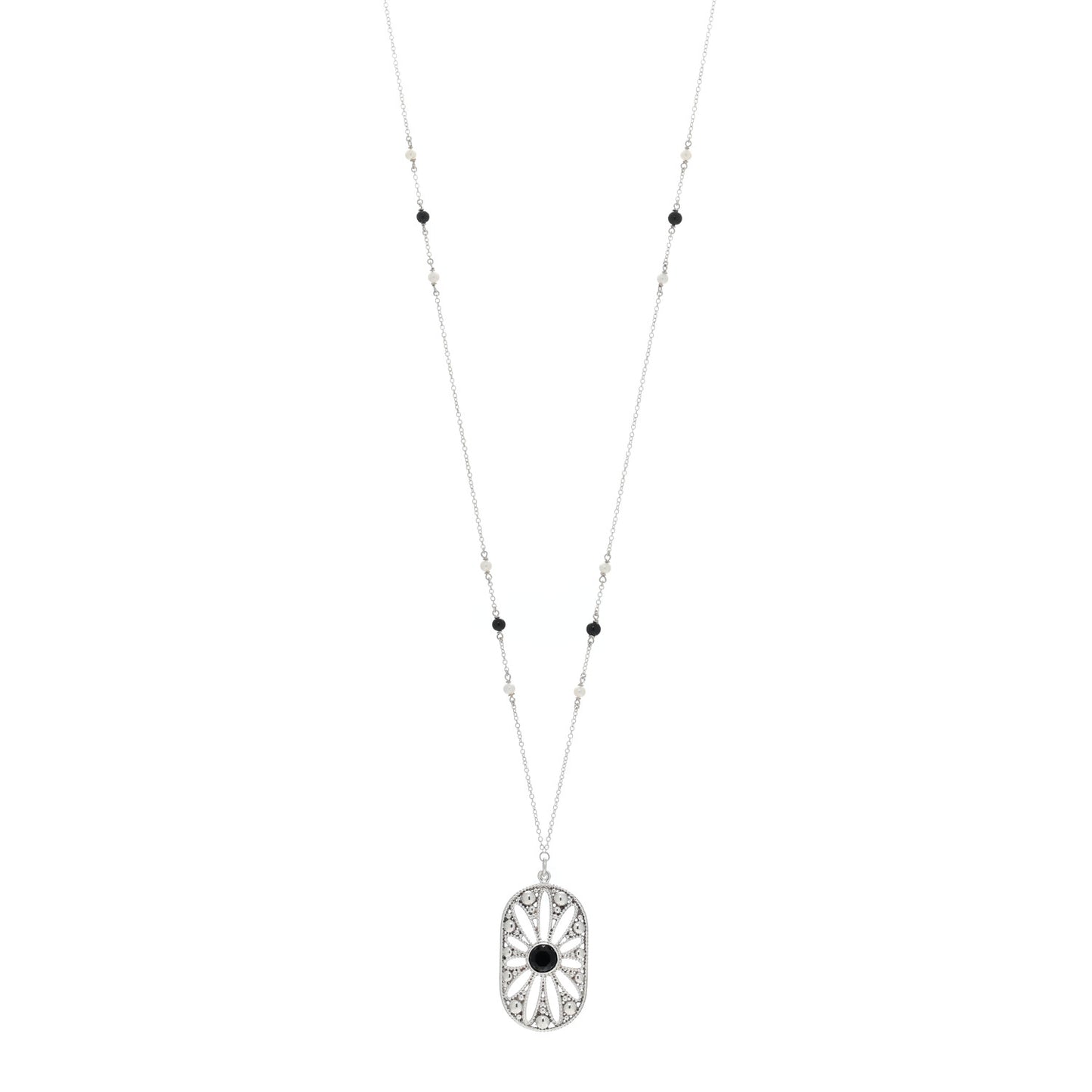 Sterling Silver Black Onyx Pearl Ziegfeld Daisy Pendant Necklace