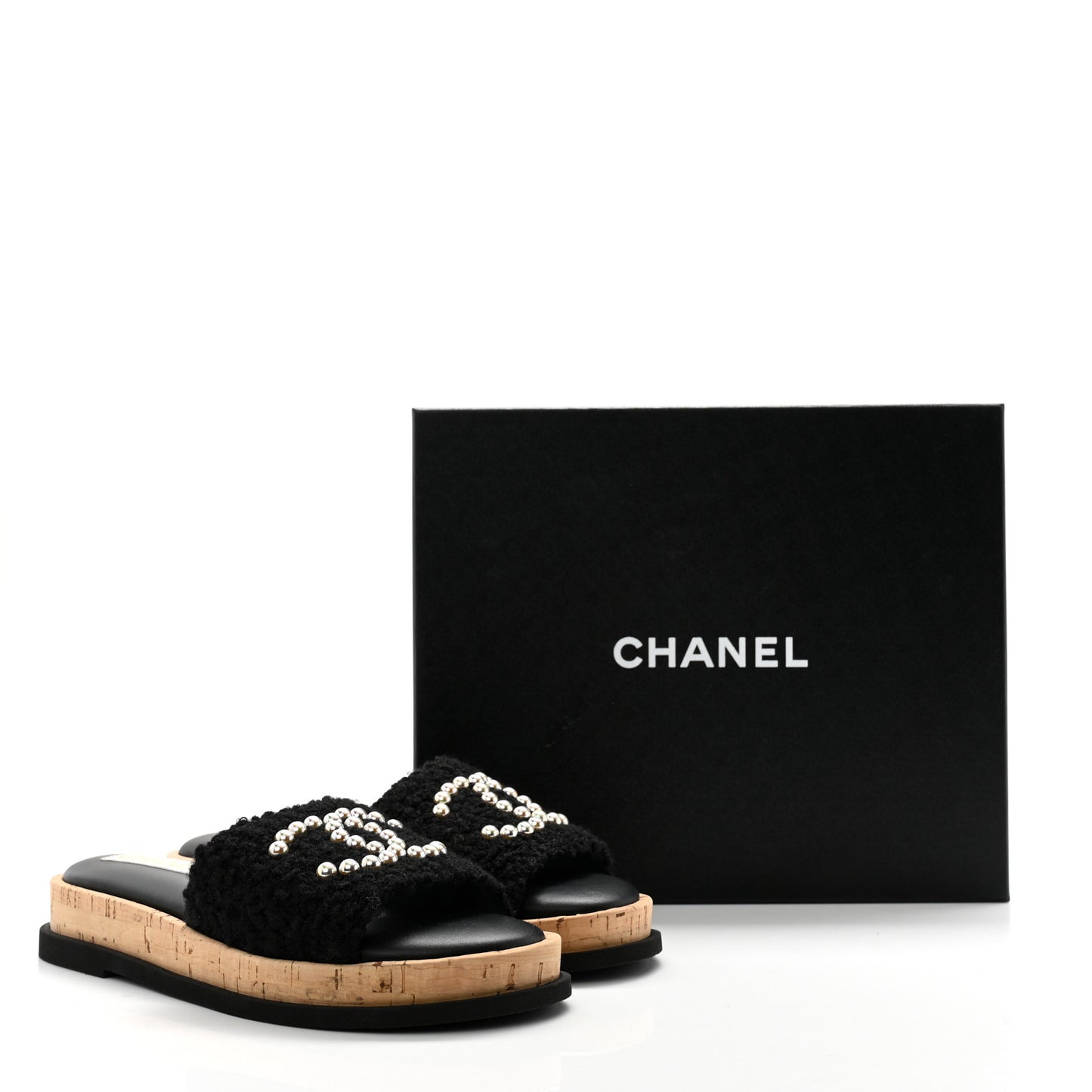Fabric Pearl Cork CC Slip On Sandals 38 Black