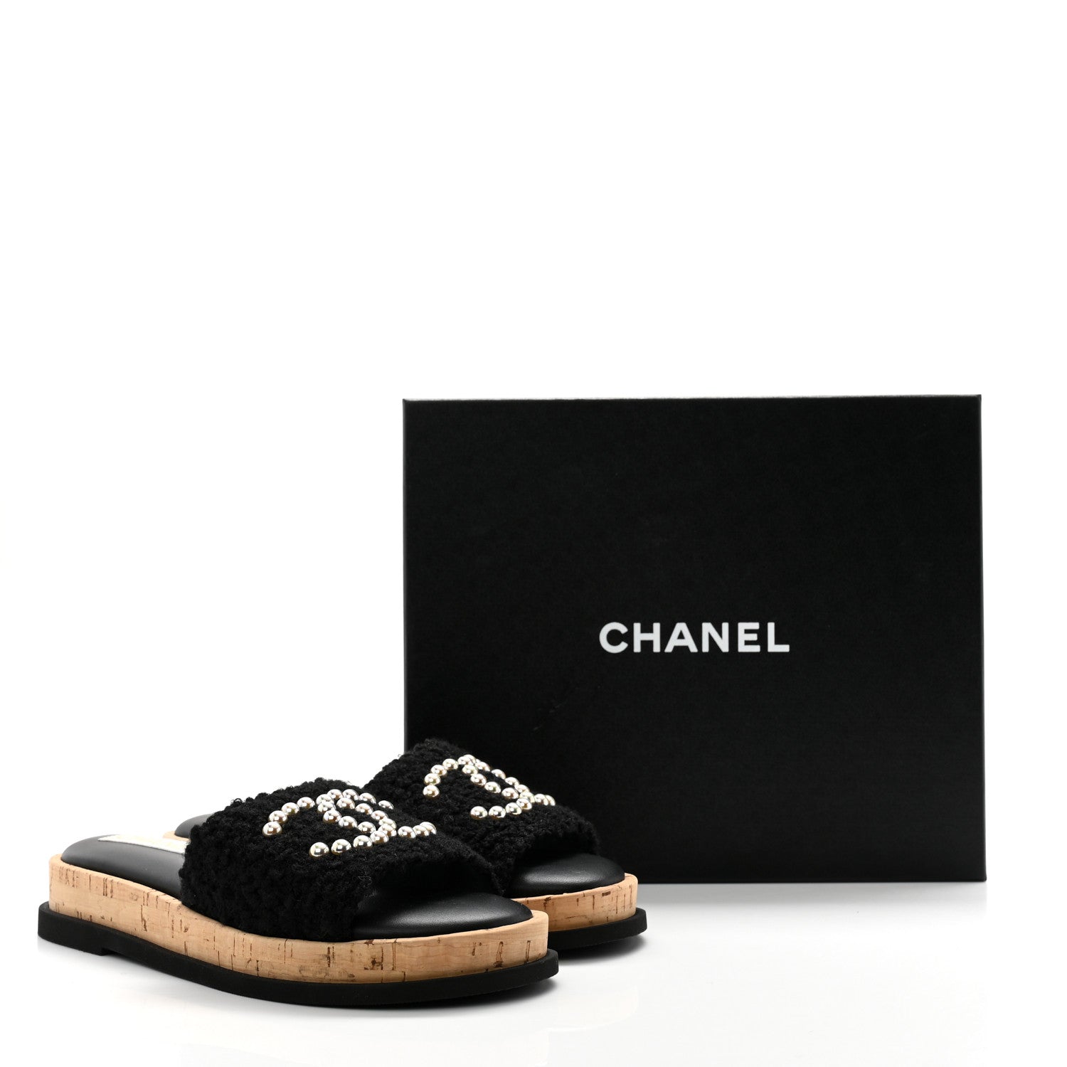 Chanel Fabric Pearl Cork CC Slip On Sandals 38 Black 9 of 9