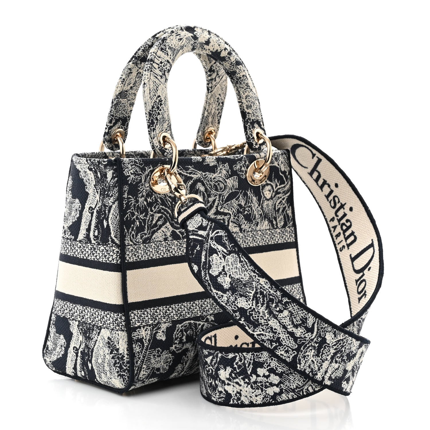 Christian Dior Canvas Toile De Jouy Reverse Embroidered Medium Lady D-Lite Navy 3 of 11