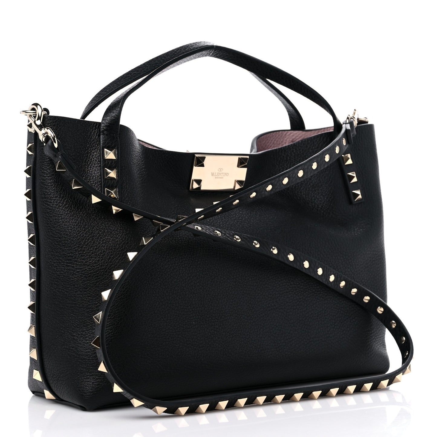 Grained Calfskin Small Rockstud Flip Lock Tote Black Rose Quartz