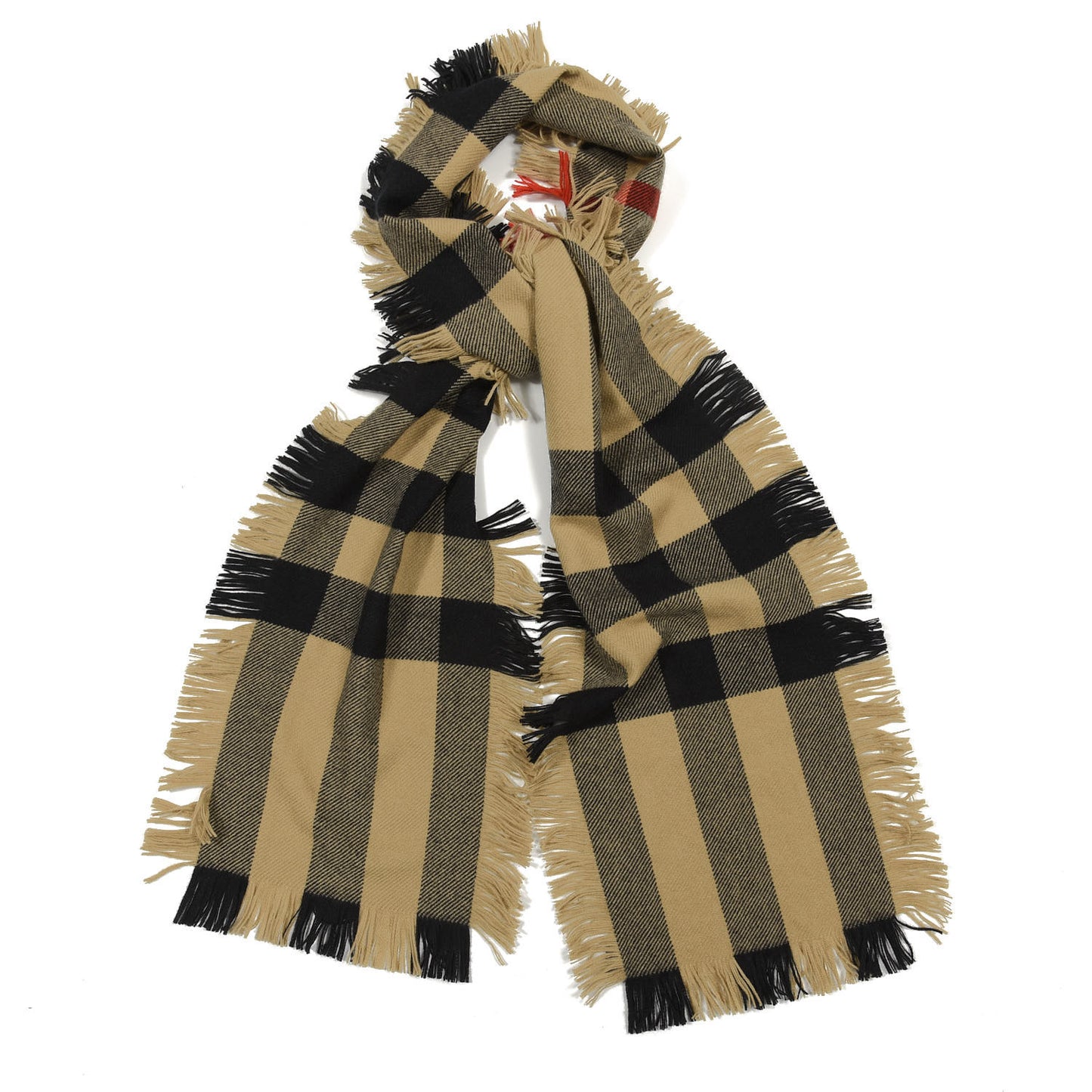 Wool Half Mega Check Happy Fringe Scarf Camel