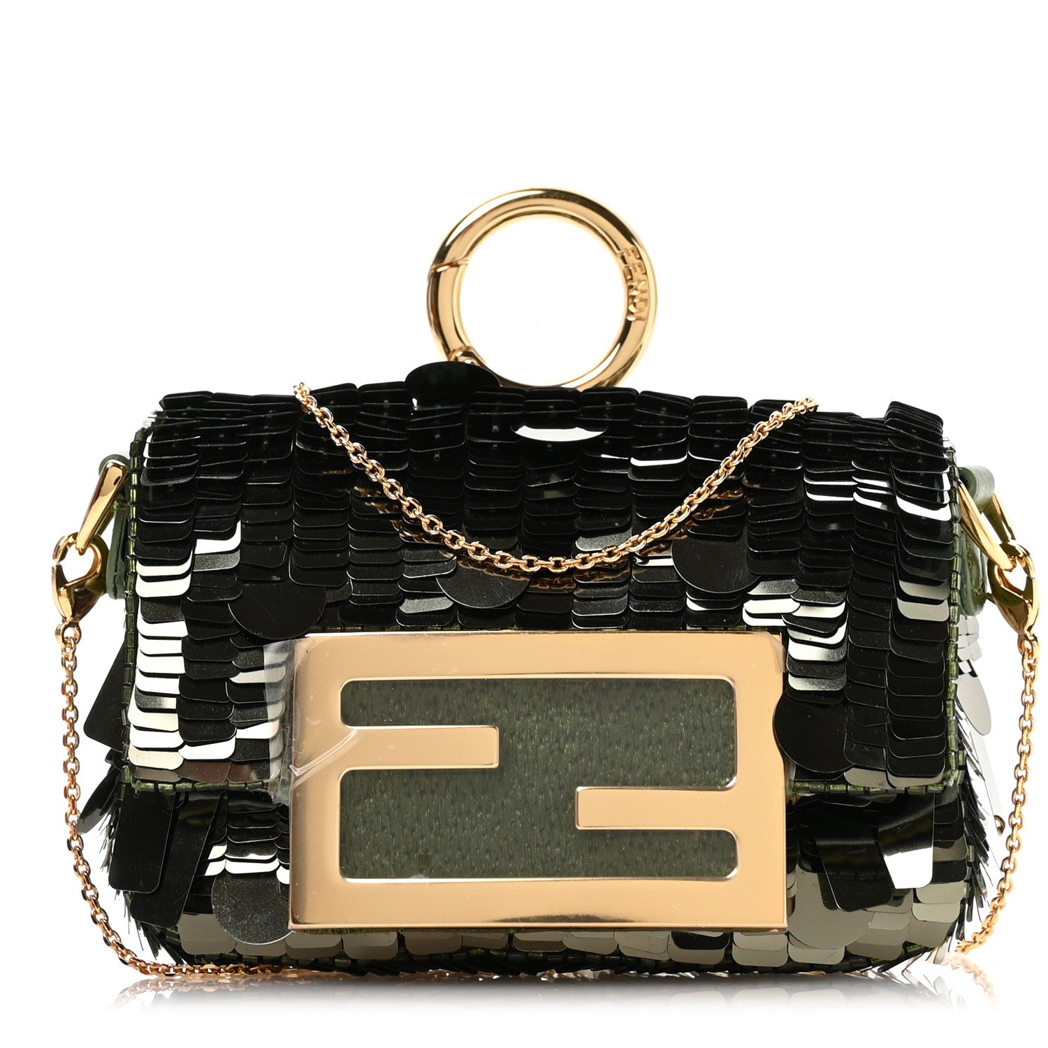 Fendi Sequin Paillettes Shiny Nappa Sex and the City Nano Maxi Buckle Baguette Charm  Avocado 1 of 10