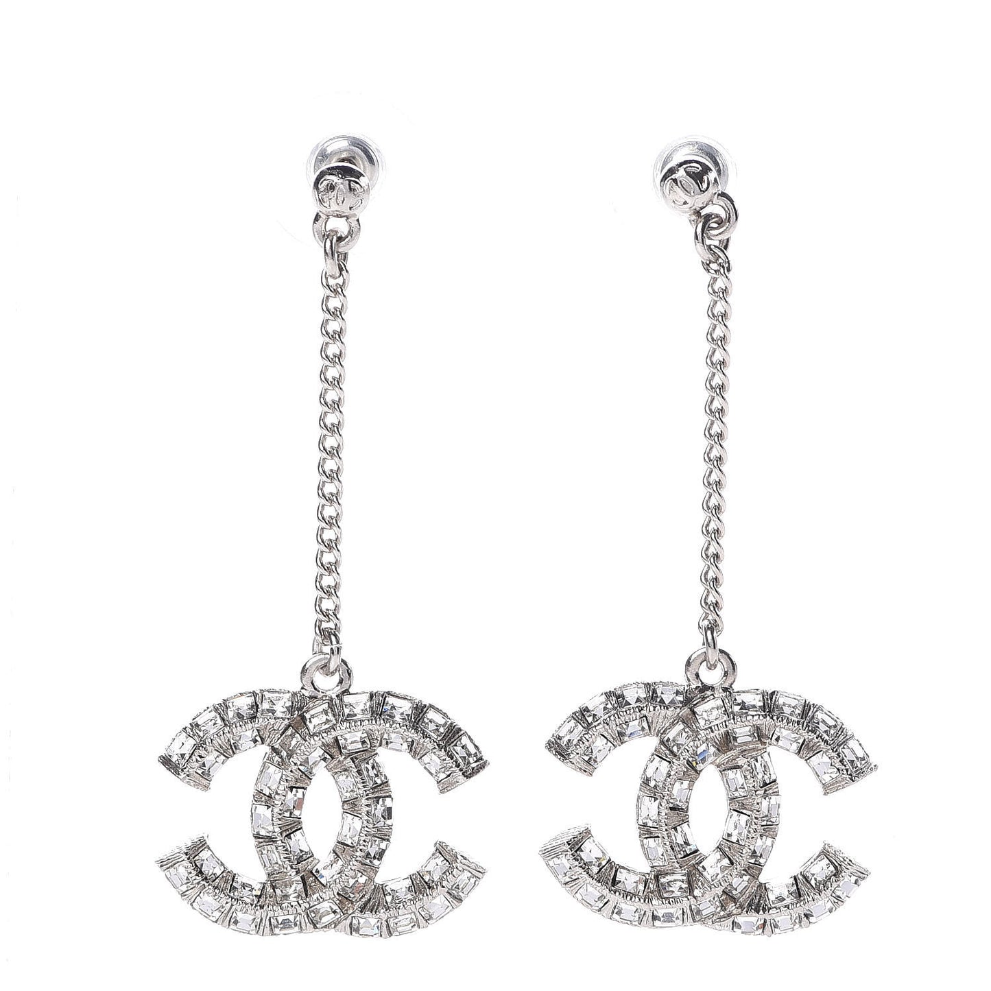 Baguette Crystal CC Drop Earrings Silver