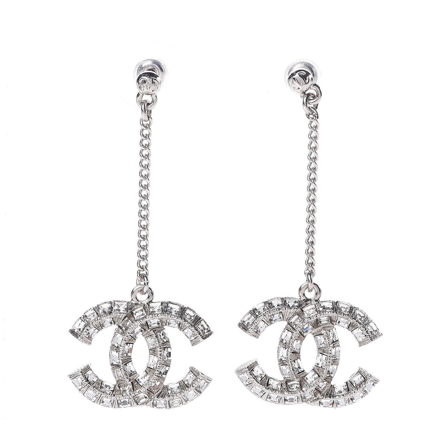Chanel Baguette Crystal CC Drop Earrings Silver 1 of 4