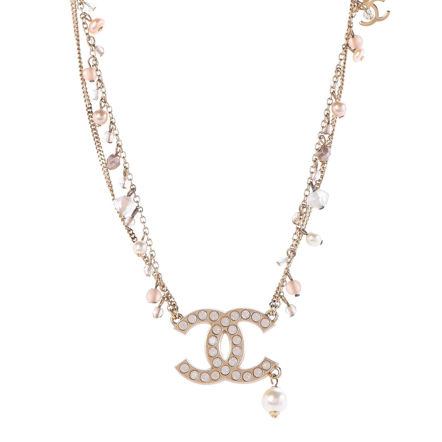 Pearl Crystal CC Double Strand Necklace Gold