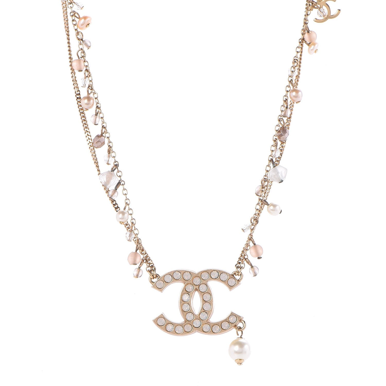 Chanel Pearl Crystal CC Double Strand Necklace Gold 1 of 6