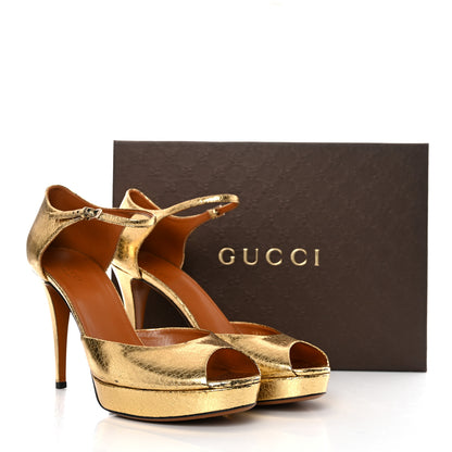Gucci Metallic Calfskin Open Toe Ankle Strap Pumps 41 Gold 10 of 10