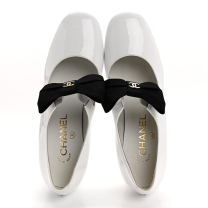 Chanel Patent Calfskin Grosgrain Bow Mary Jane Pumps 37 White Black 2 of 9