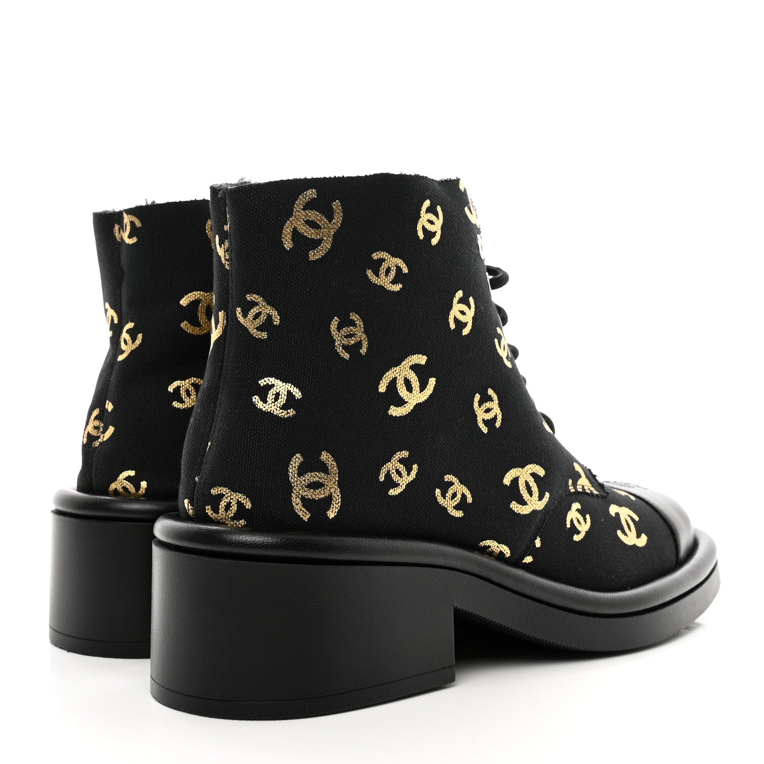 Chanel Lambskin Shearling Canvas CC Lace Up Boots 40 Black Gold 4 of 10
