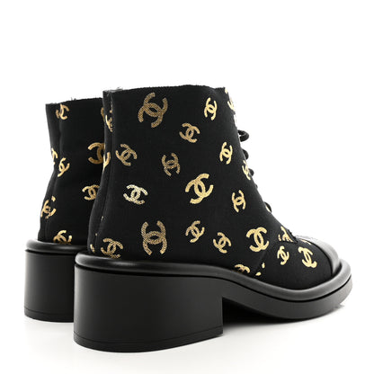 Chanel Lambskin Shearling Canvas CC Lace Up Boots 40 Black Gold 4 of 10
