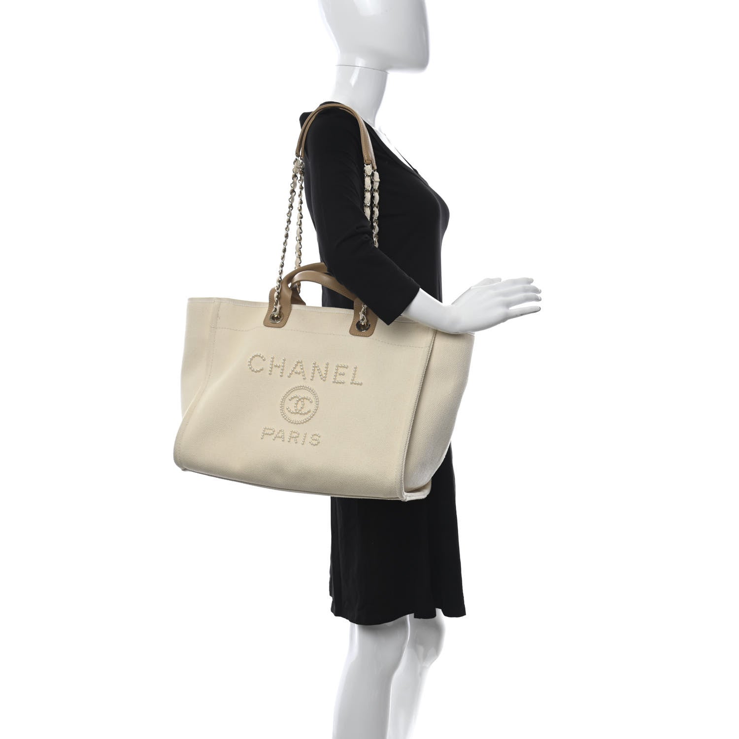 Chanel Canvas Pearl Medium Deauville Tote Ecru Beige 2 of 13