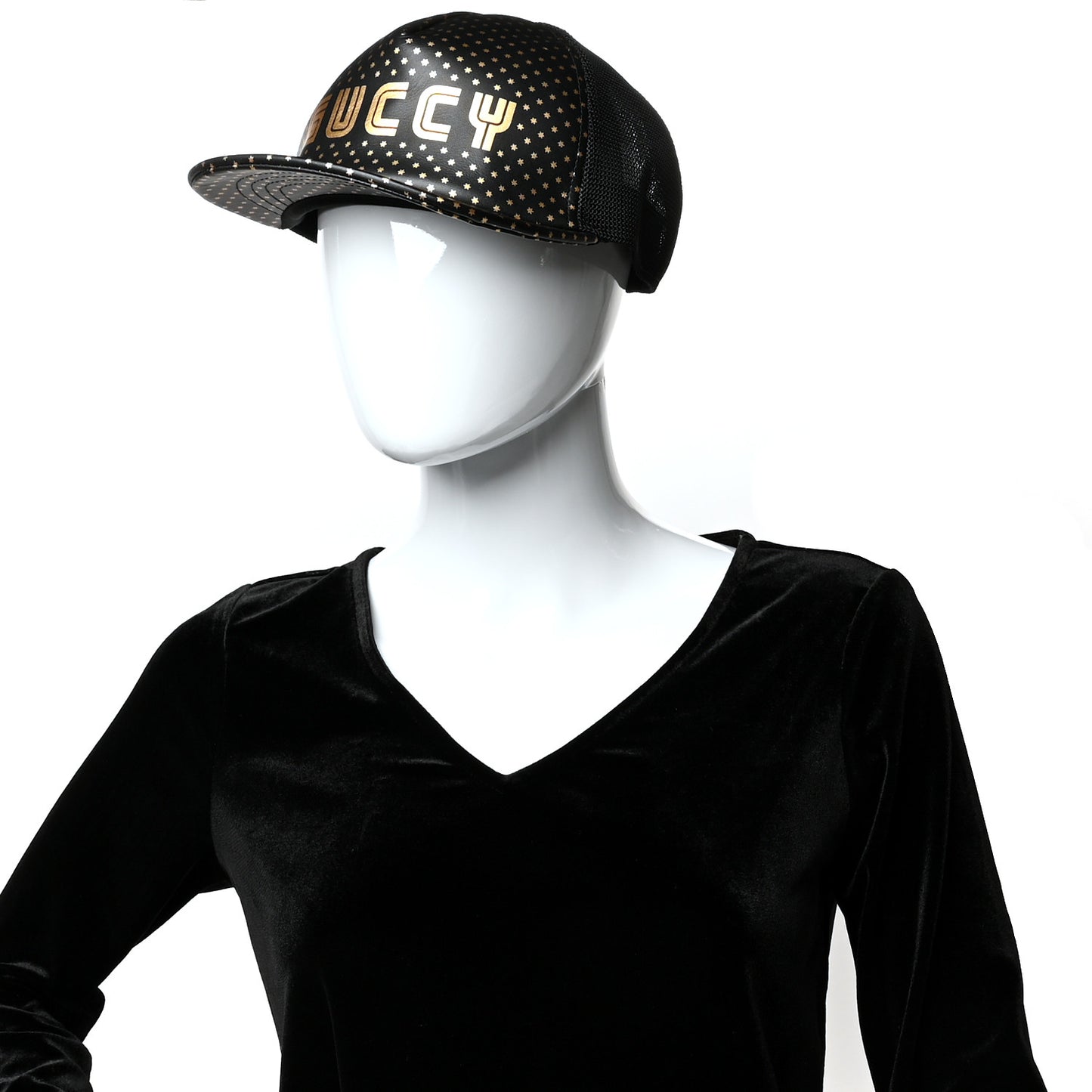 X SEGA Calfskin GUCCY Stars Baseball Hat XL Black Gold