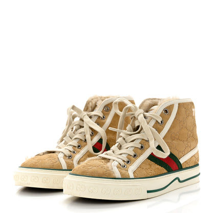 Gucci Suede Shearling Web GG Monogram Embossed Womens 1977 Tennis High Top Sneakers 37 Butterscotch Mystic White 3 of 8