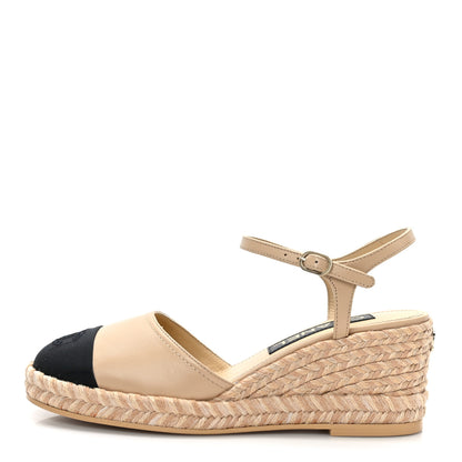 Chanel Lambskin Grosgrain CC Espadrilles Wedges 37 Beige Black 1 of 9