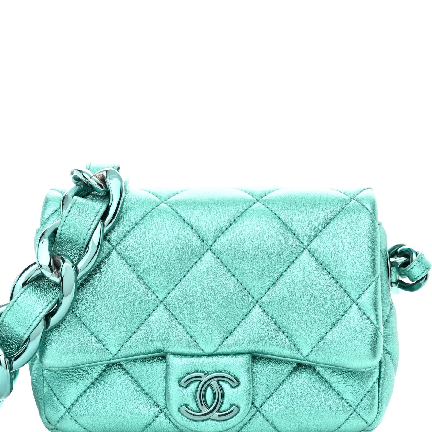 Metallic Lambskin Quilted Mini Lacquered Chain Flap Turquoise