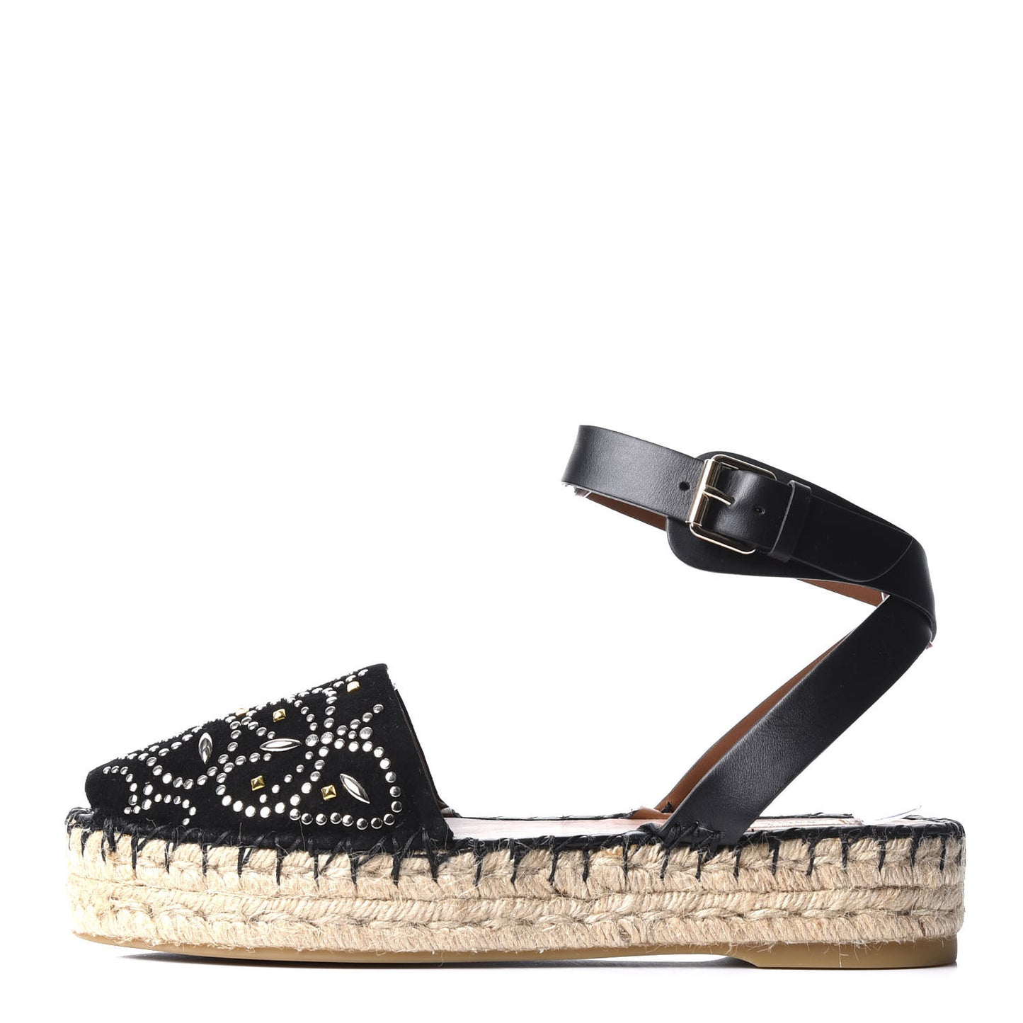 Suede Studded Peep Toe Ankle Wrap Flatform Espadrilles 40 Black