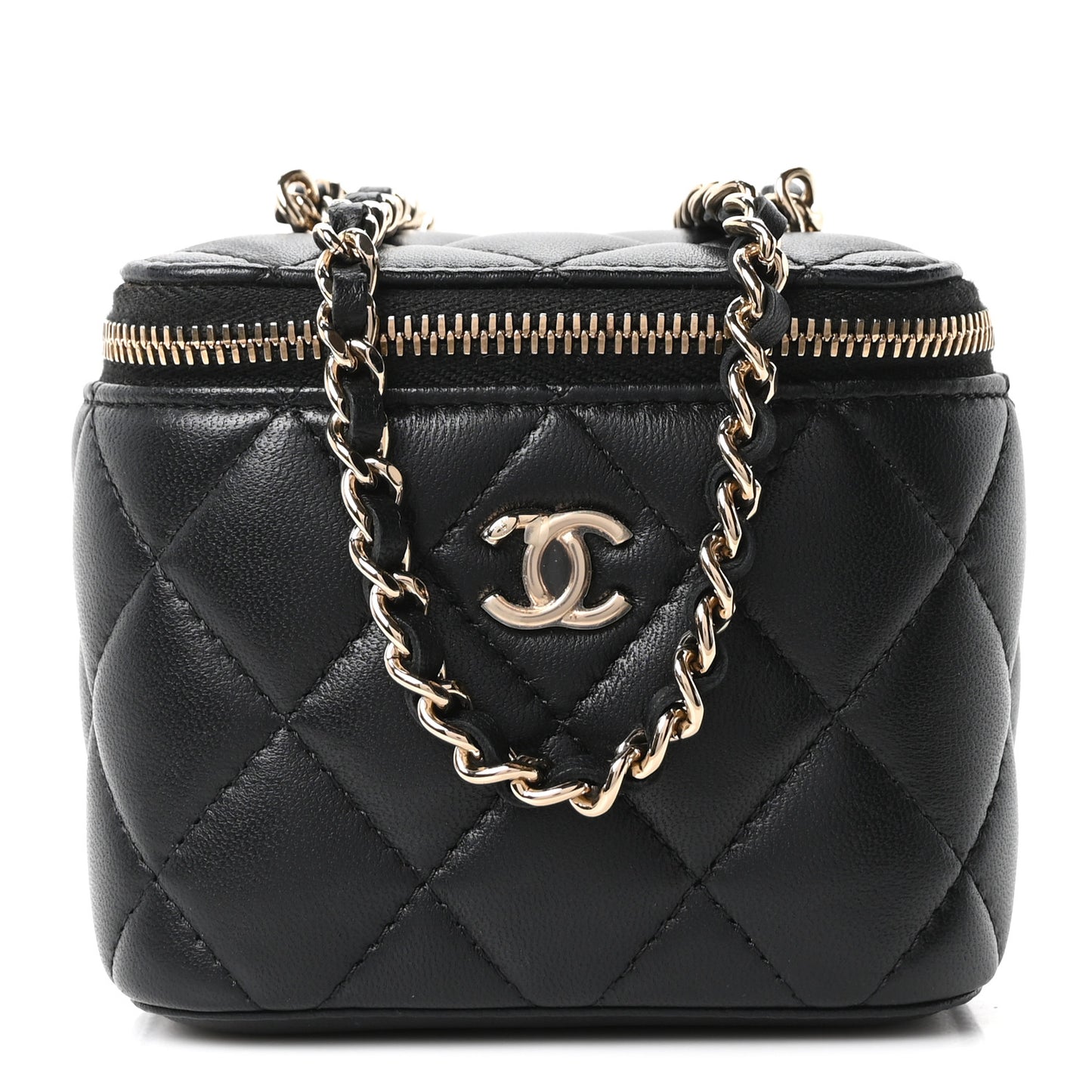 Lambskin Quilted Mini Enamel CC Pearl Crush Vanity Case With Chain  Black