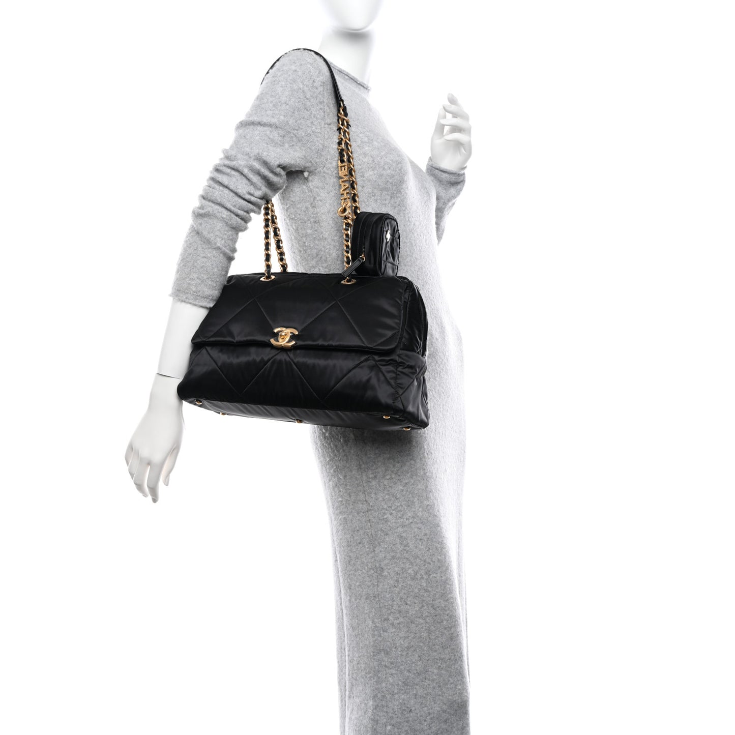 Satin Quilted Large Bowling Bag Flap Black