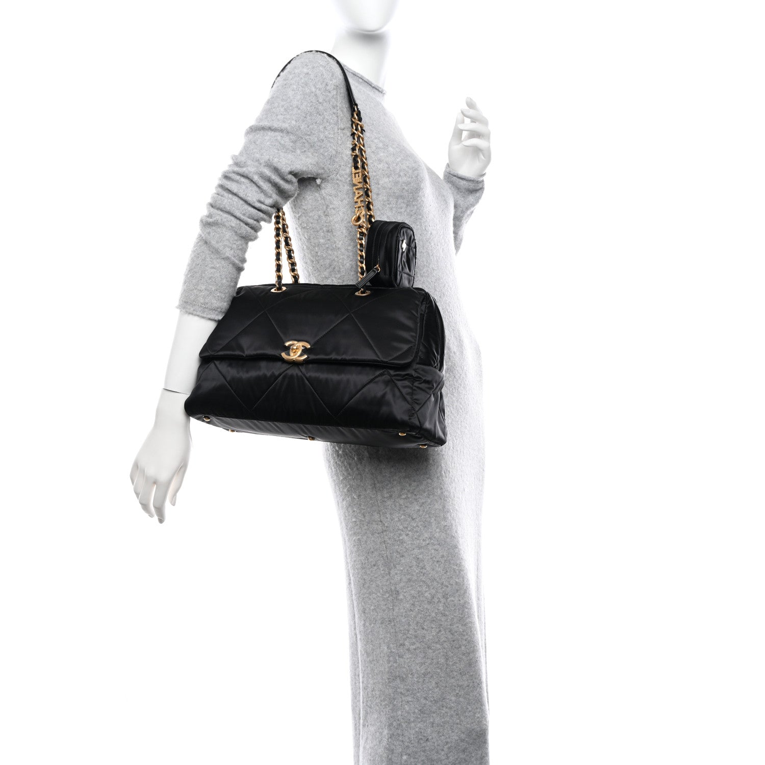 Chanel Satin Quilted Large Bowling Bag Flap Black 2 of 10