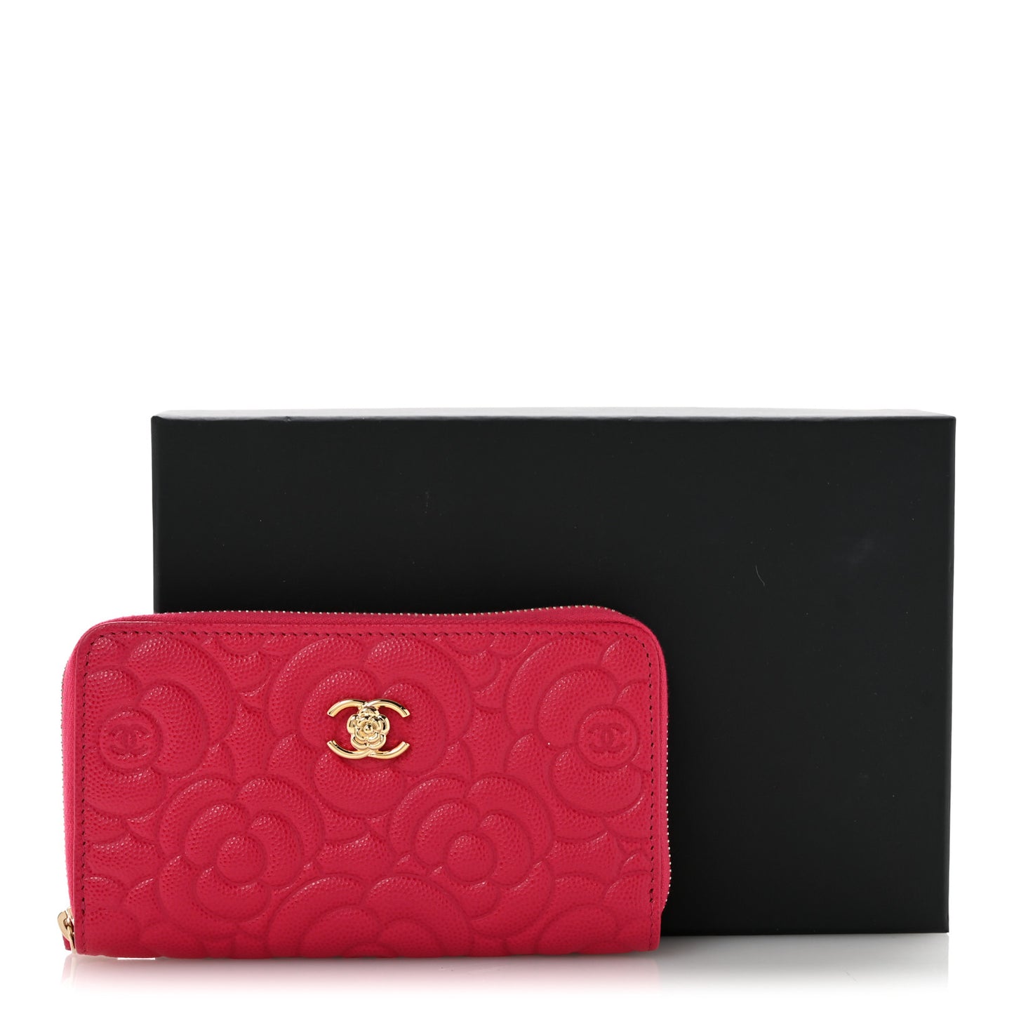 Caviar Camellia Embossed Medium Zip Around Gusset Wallet Pink