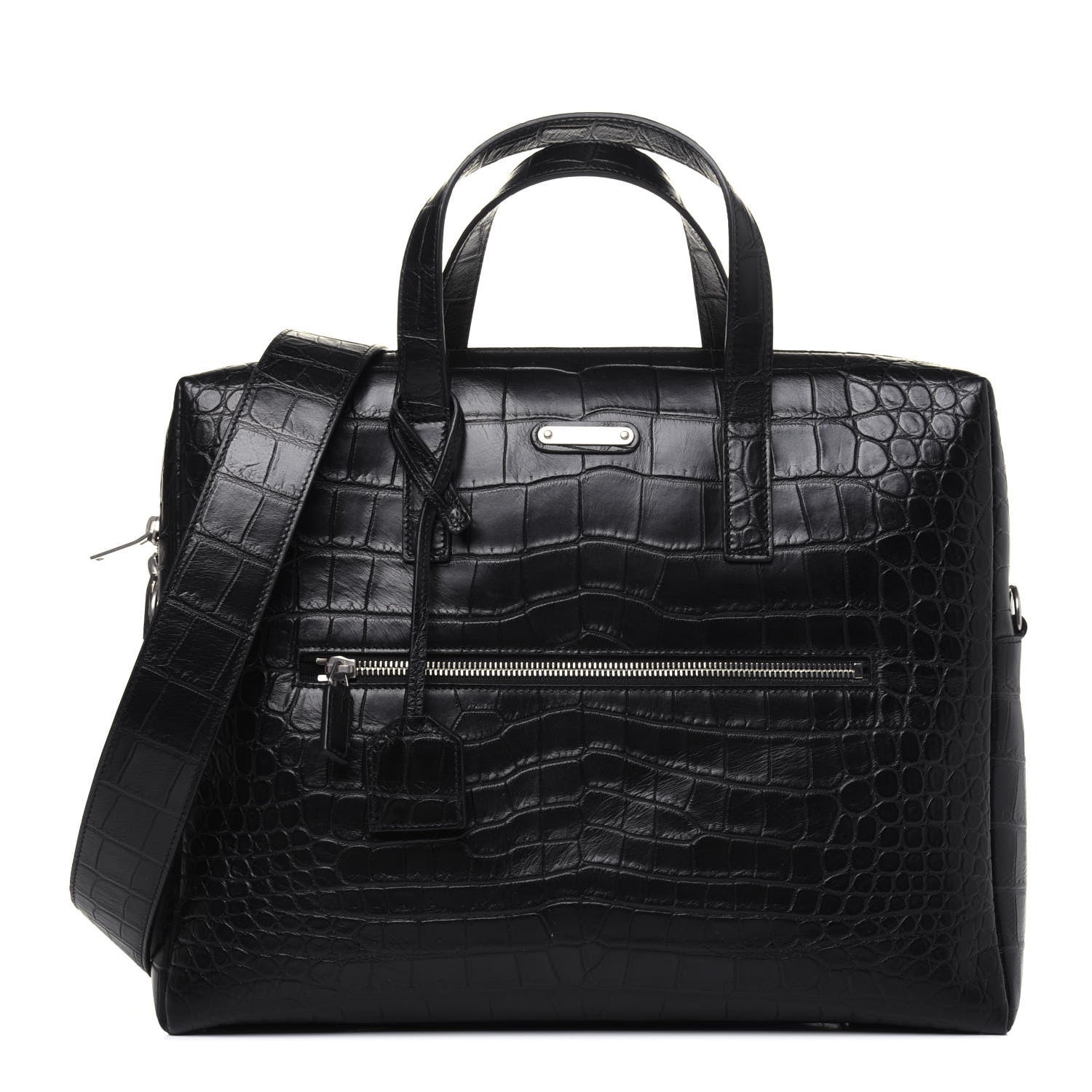 Saint Laurent Calfskin Crocodile Embossed Bold Briefcase Black 1 of 13