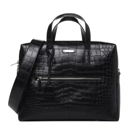 Saint Laurent Calfskin Crocodile Embossed Bold Briefcase Black 1 of 13