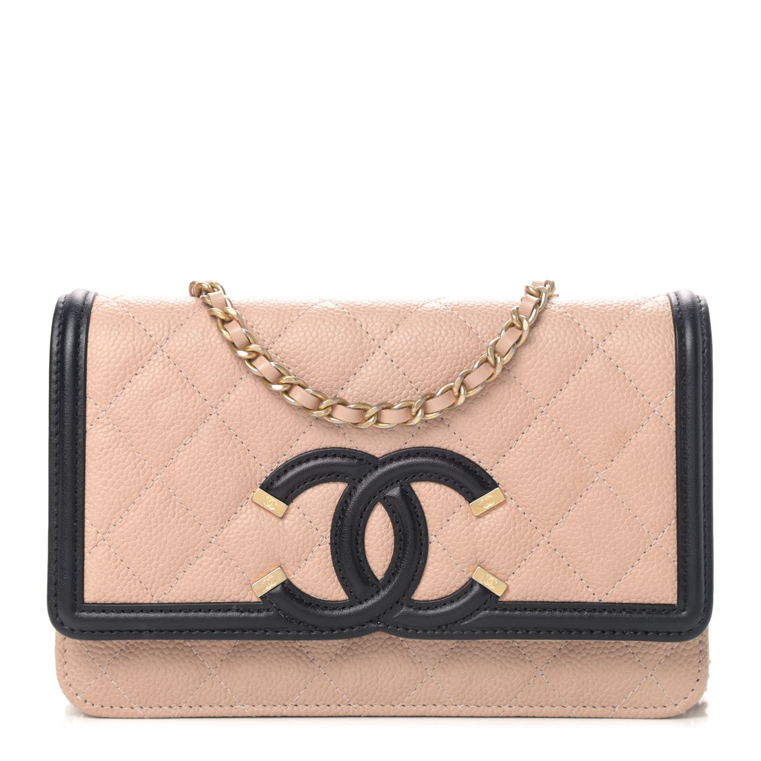 Chanel Caviar Quilted CC Filigree Wallet On Chain WOC Beige Black 1 of 4