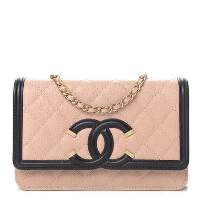 Chanel Caviar Quilted CC Filigree Wallet On Chain WOC Beige Black 1 of 4