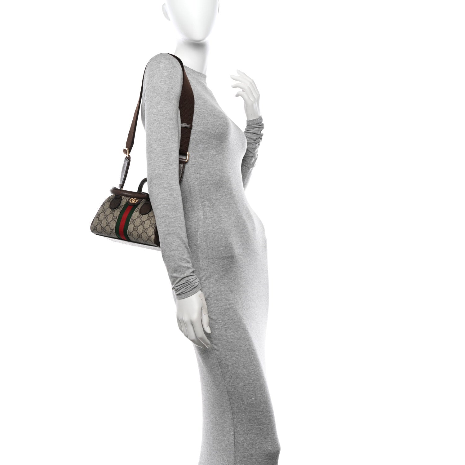Gucci GG Supreme Monogram Textured Dollar Calfskin Web Mini Ophidia Top Handle Bowler Bag Beige Ebony New Acero 2 of 11