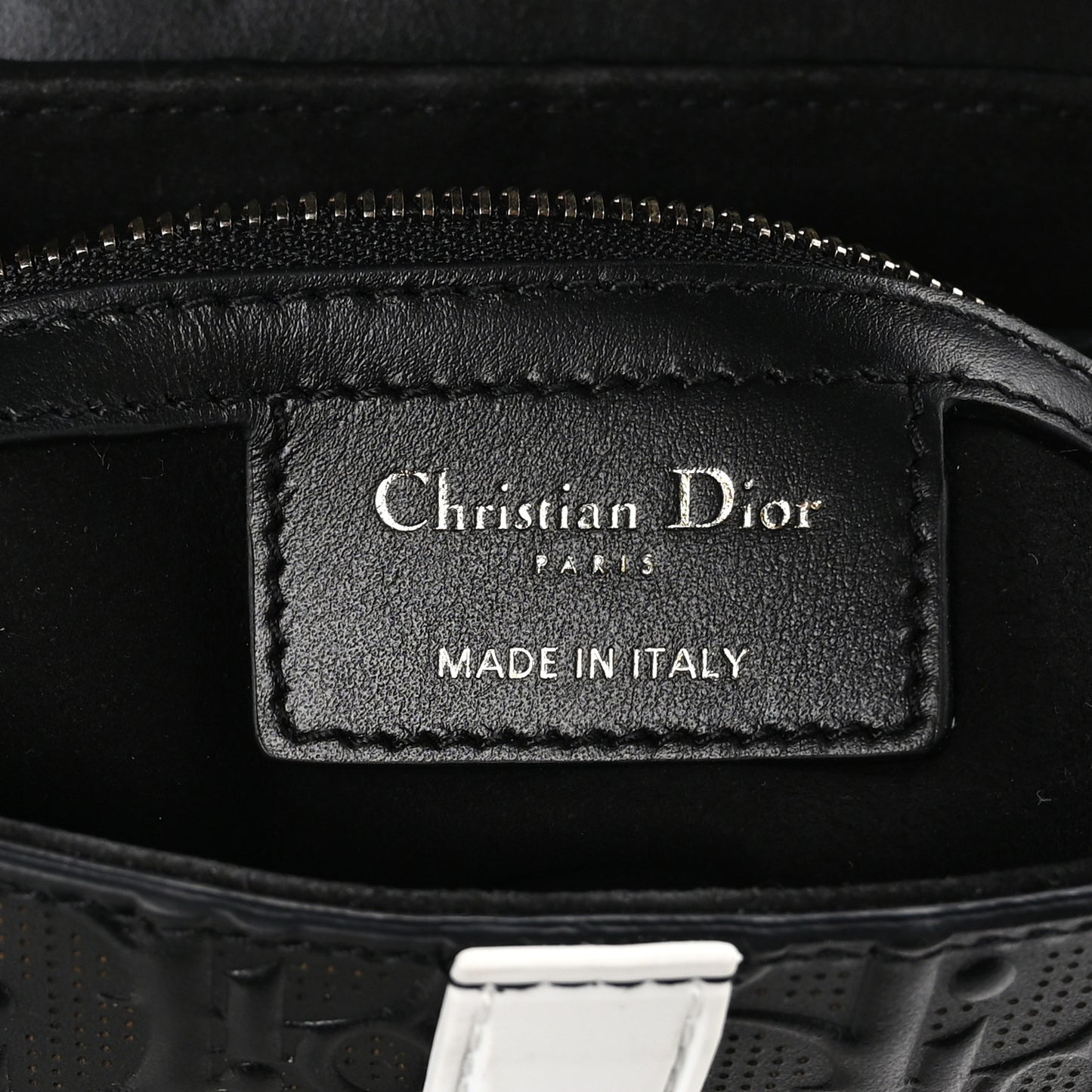 CHRISTIAN DIOR Calfskin Embossed Oblique Vibe Saddle Bag With Strap Black White