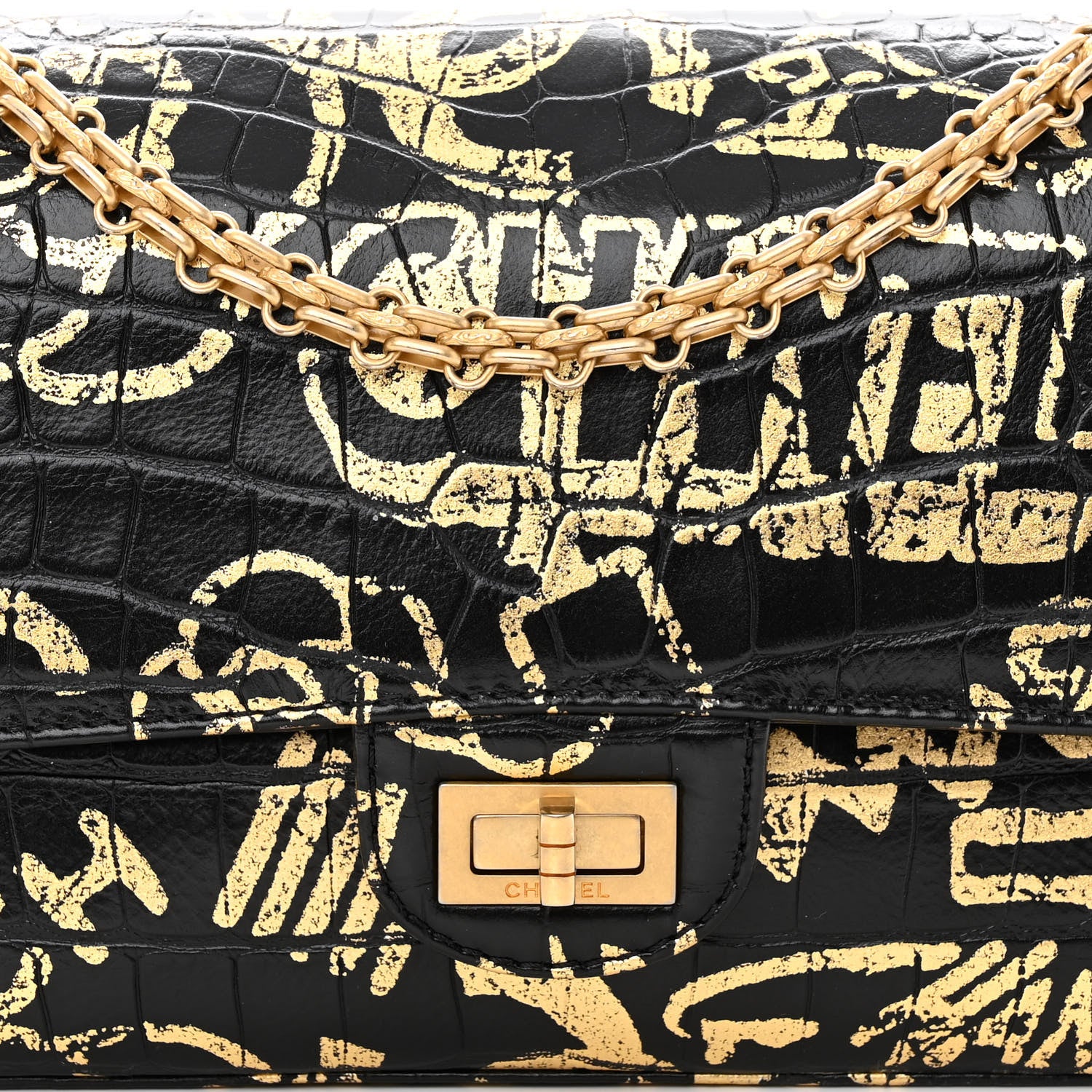 Chanel Calfskin Crocodile Embossed Graffiti 2.55 Cocodile Reissue 225 Flap Black Gold 8 of 12