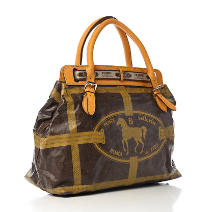 Fendi Coated Linen Calfskin Romano Selleria Villa Borghese Equestrian Satchel Ocra 2 of 12