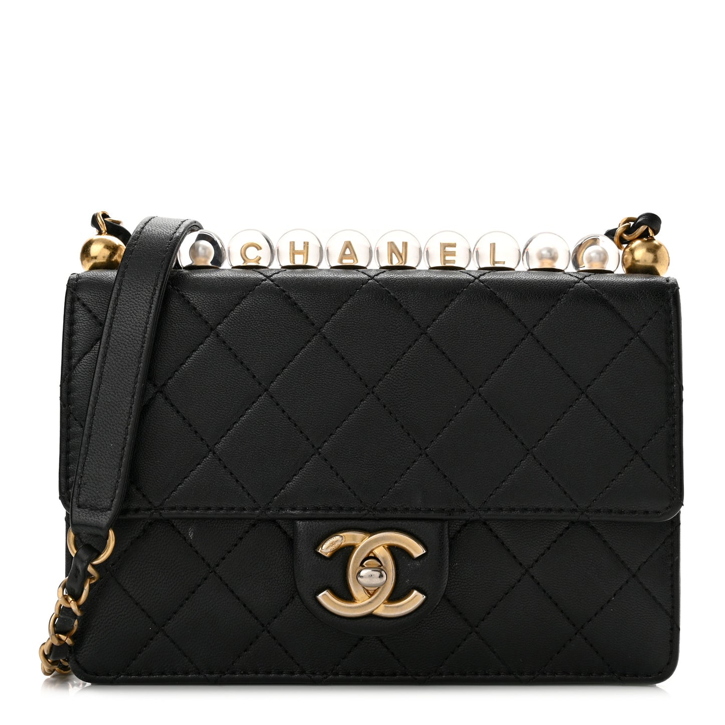 Goatskin Quilted Logo Small Chic Flap Black