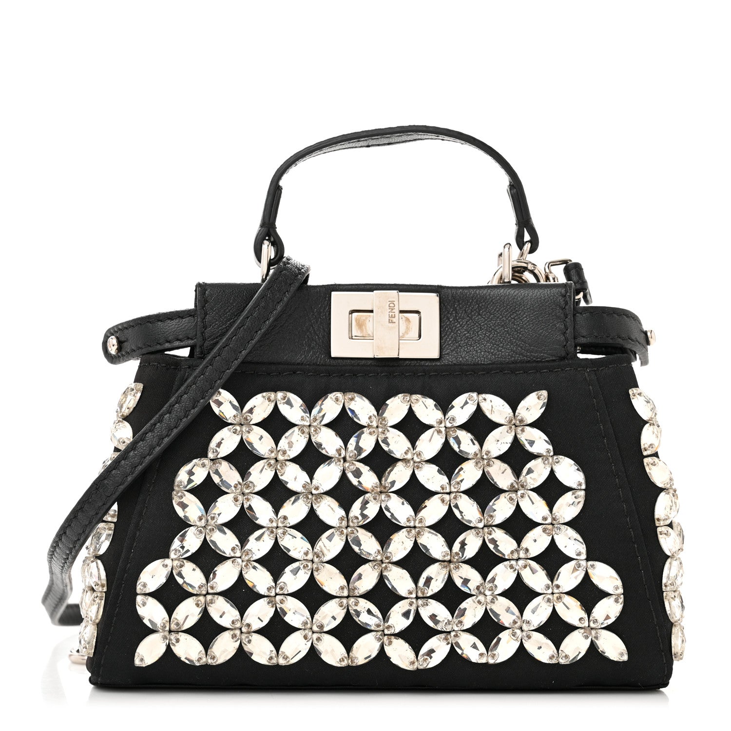 Fendi Satin Crystal Shiny Nappa Embroidered Micro Peekaboo Iconic Satchel Black Crystal 1 of 9
