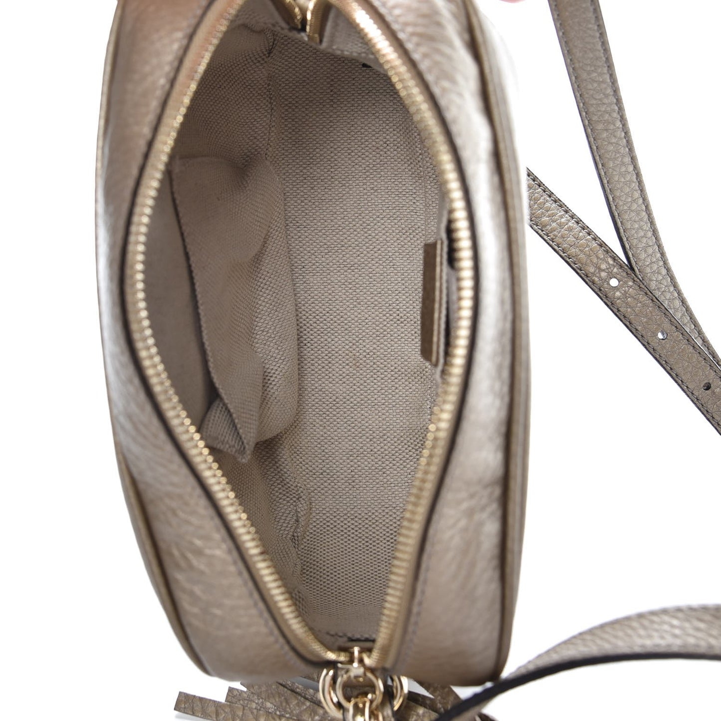 Metallic Pebbled Calfskin Small Soho Disco Bag Golden Beige