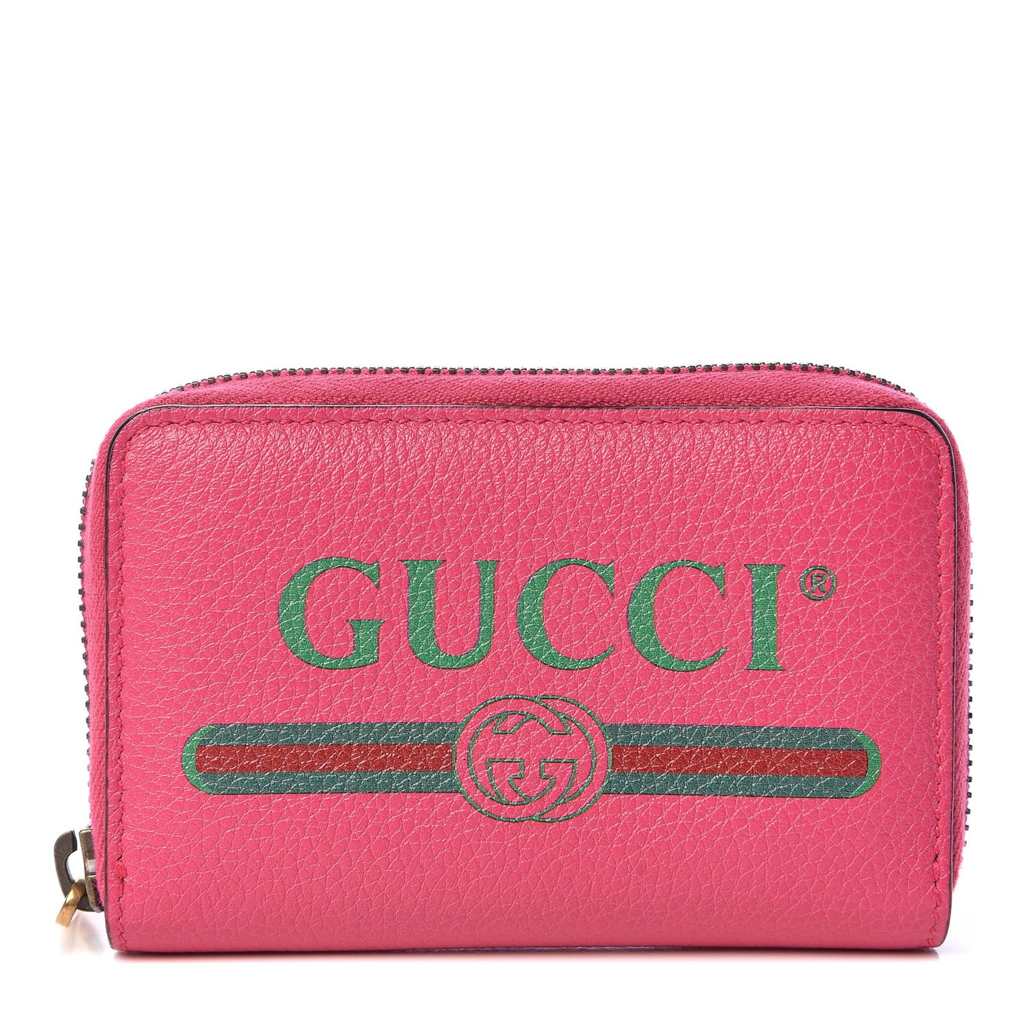 Grained Calfskin Logo Zip Around Card Case Box Pink Green