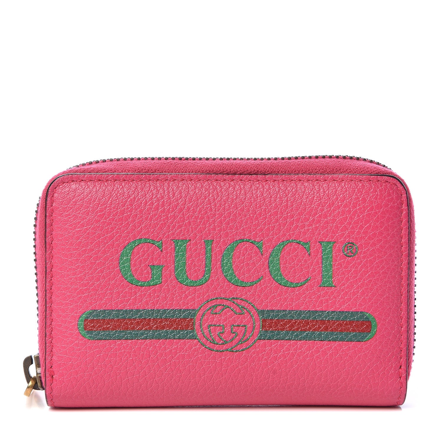 Gucci Grained Calfskin Logo Zip Around Card Case Box Pink Green 1 of 6