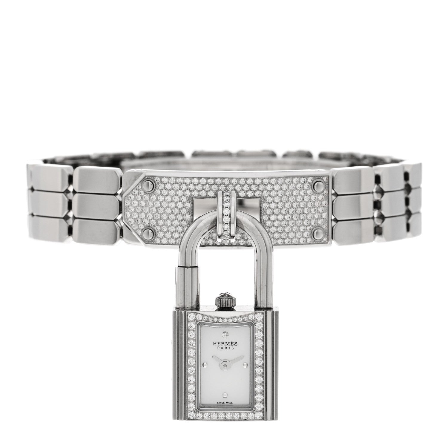 Hermes Stainless Steel Diamond Pave 16mm Kelly Quartz Watch 1 of 5