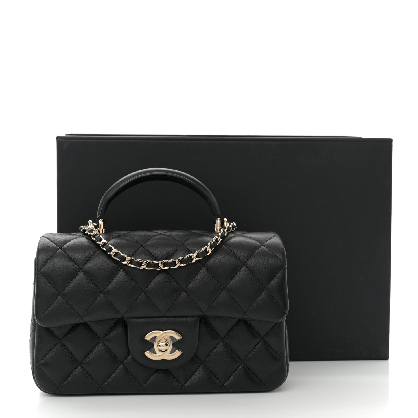 Lambskin Quilted Mini Top Handle Rectangular Flap Black