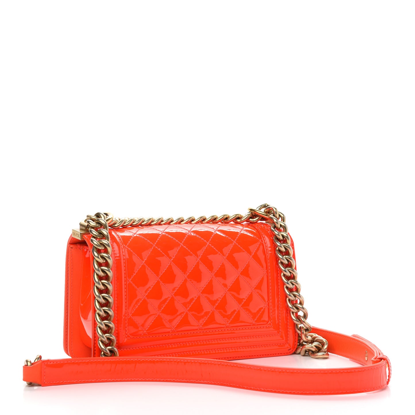 Patent Calfskin Quilted Small Boy Flap Orange